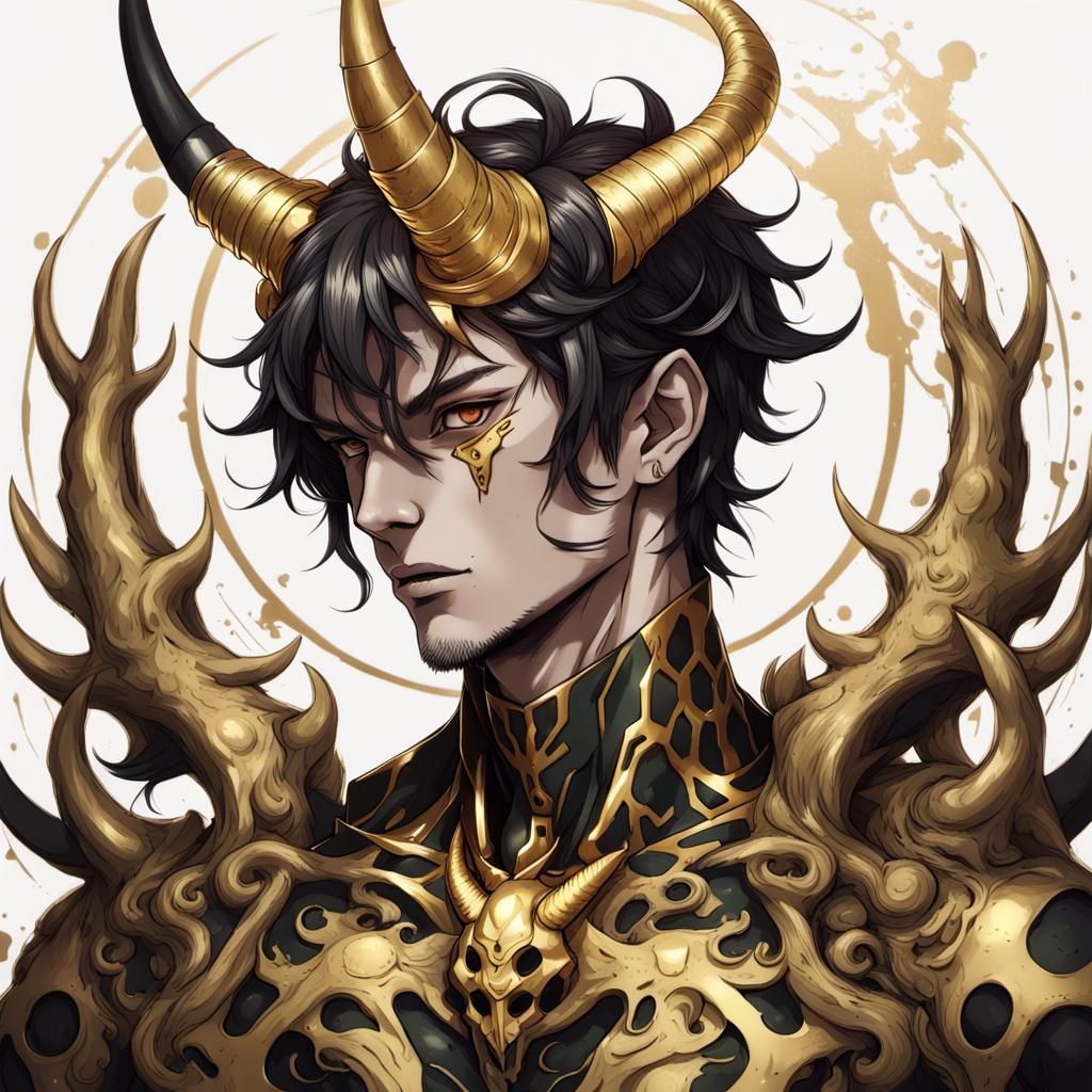 a male portrait of a man with horns on his head, in the style of anime ...