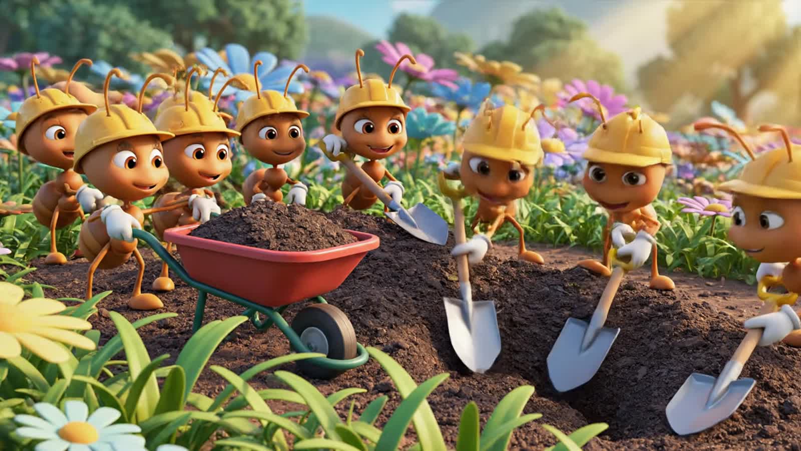 Cute cartoon ants working happy with shavel and garden tools
