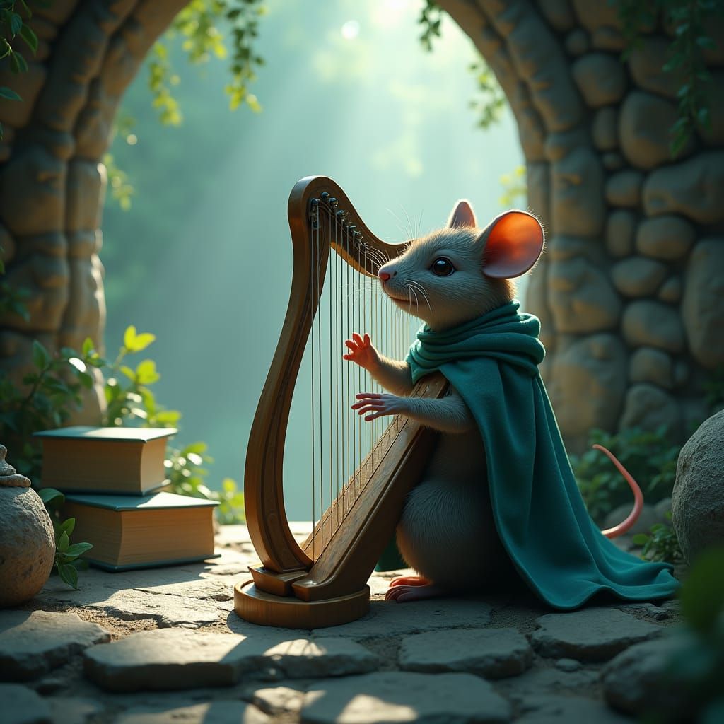Mouse Harpist in Mystical Gown: Fantasy Concept Art