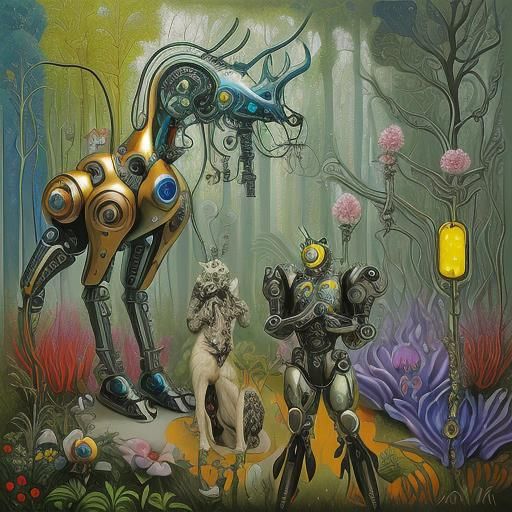 cybernetic forest, metalic flowers, robotic animals