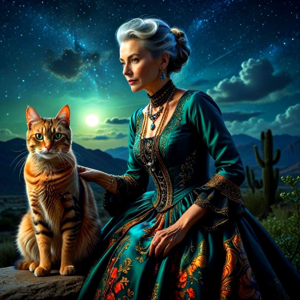 Surreal Nighttime Portrait of Elegant Lady and Cat in Hyperr...