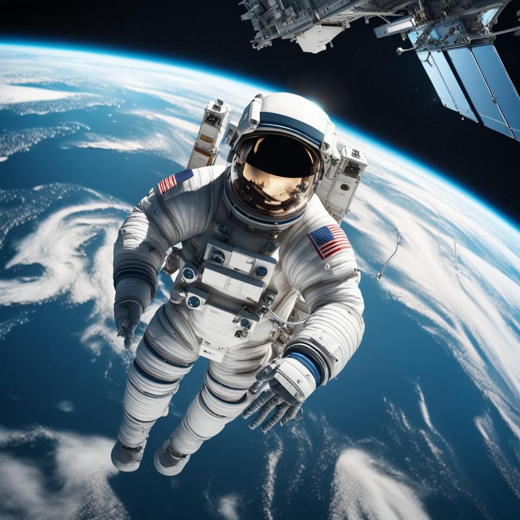 An astronaut hanging from the antenna of a satellite above a...