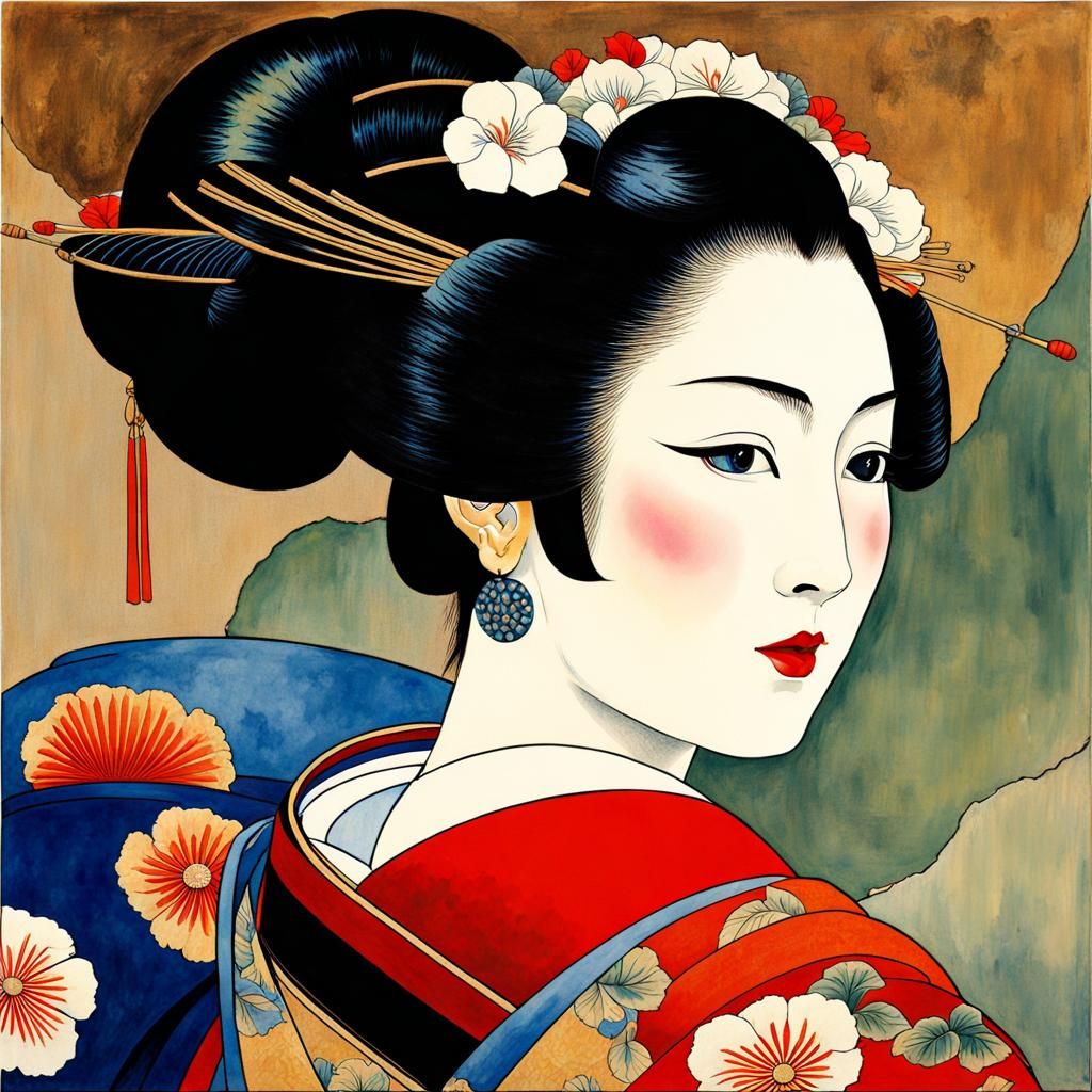 Image centered. Ukiyo-e, beautiful portrait, geisha, alabaster skin ...