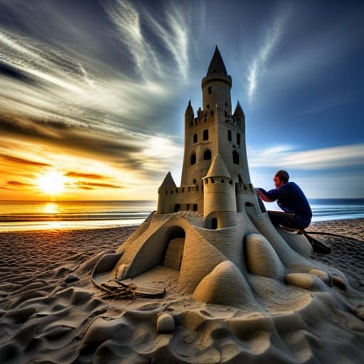 building a sand castle on the beach intricate details, HDR, beautifully shot, hyperrealistic, sharp focus, ...  by @Patsy 