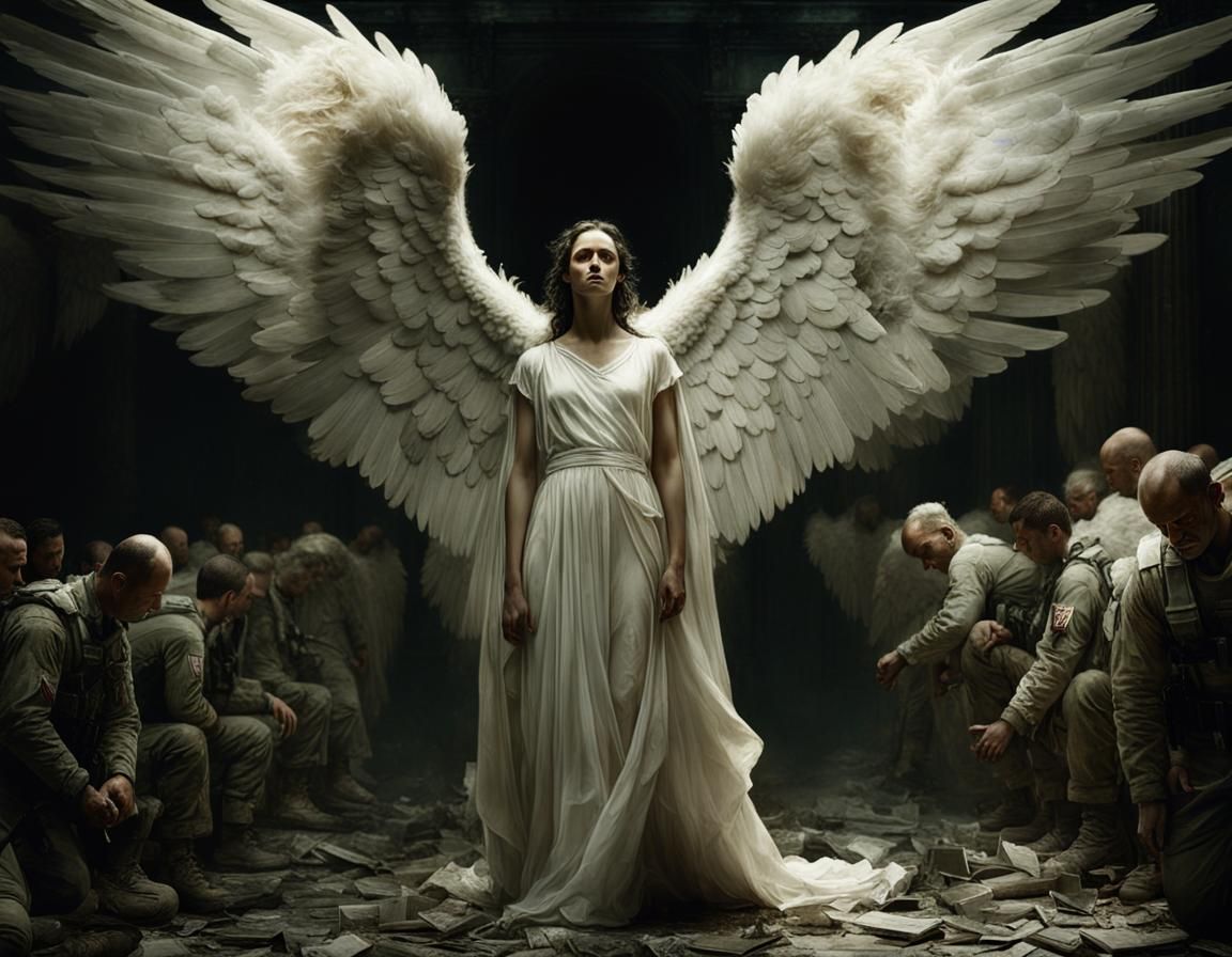 Cinematic film still, beautiful angels angel with full massive wings ...