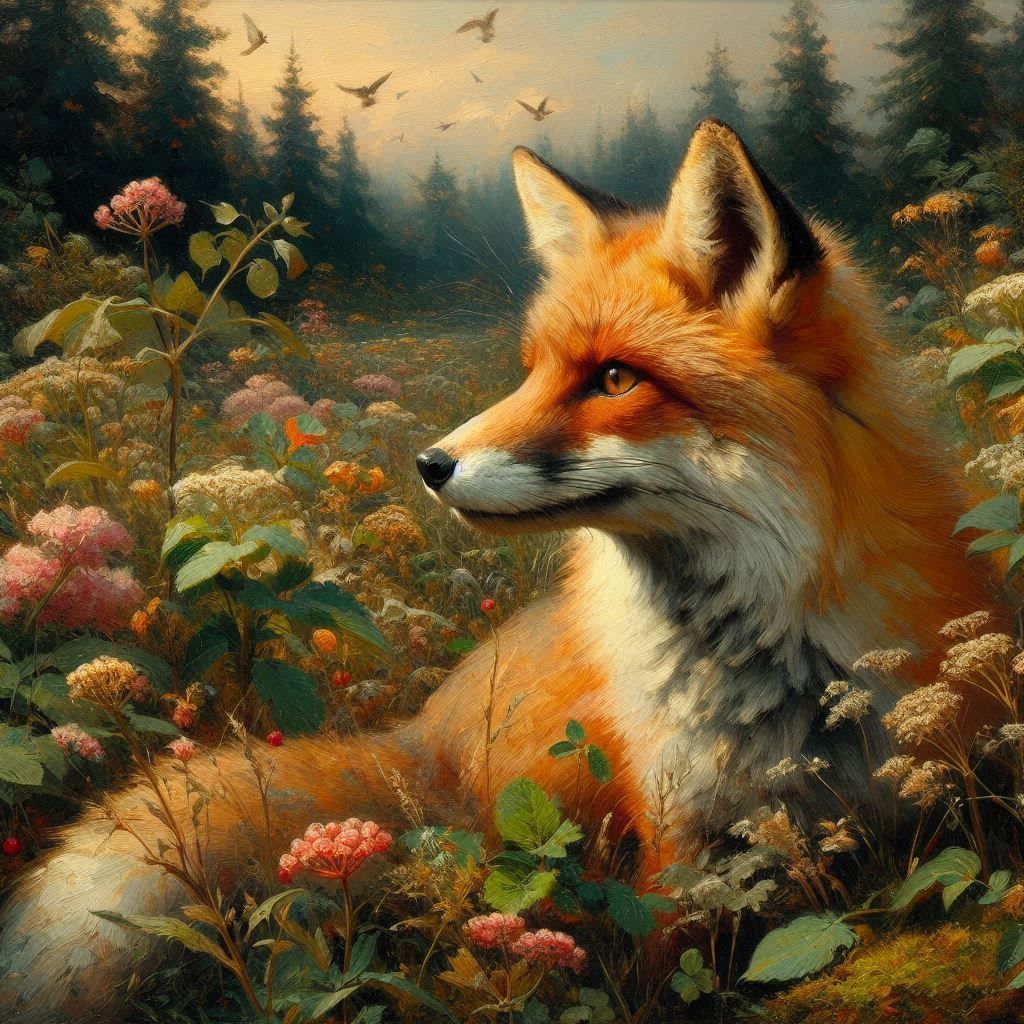 fox among forest flowers
