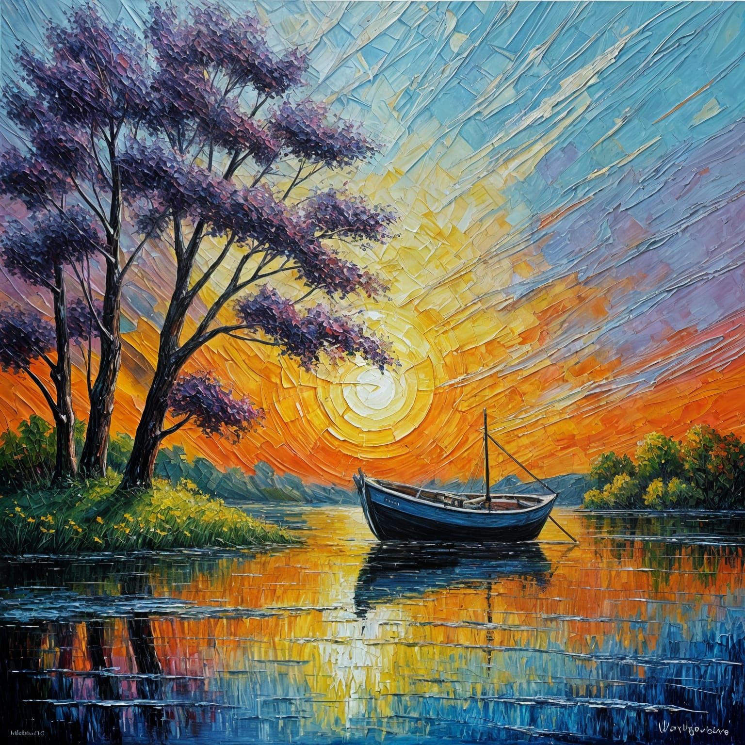 sunrise neo-impressionism expressionist style oil painting, smooth post-impressionist impasto acrylic ...  by @Super Family