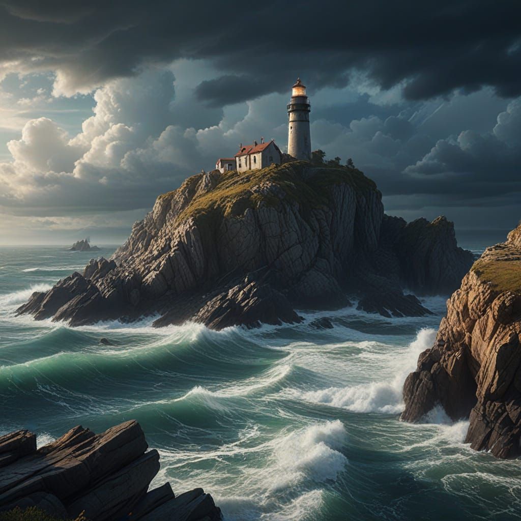 A towering lighthouse stands resolute on a jagged, rocky cliff, battered by the fury of a stormy night. ...  by @Richard Ashford