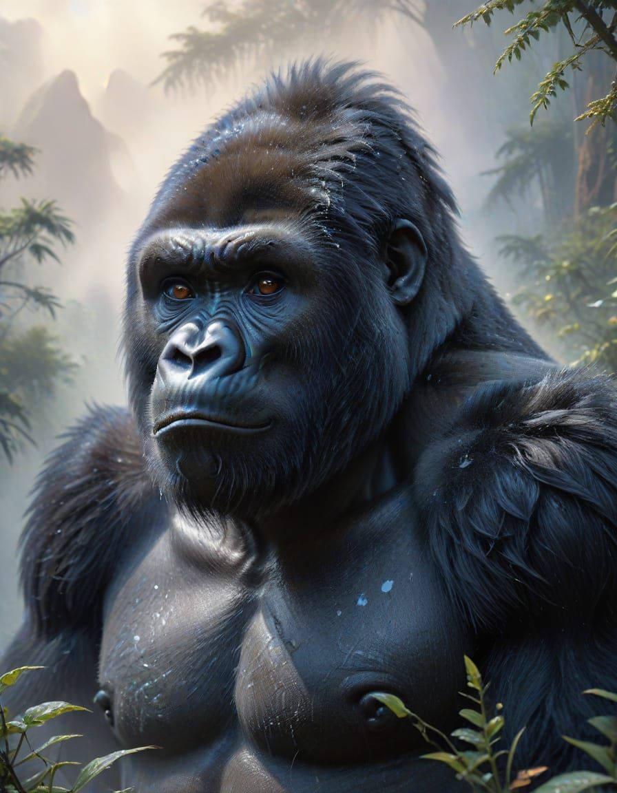 Ethereal Mountain Gorilla in Misty Fantasy Landscape