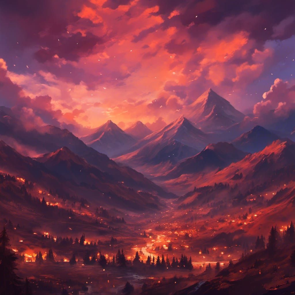 Beautiful deep sunset over the mountains - AI Generated Artwork ...