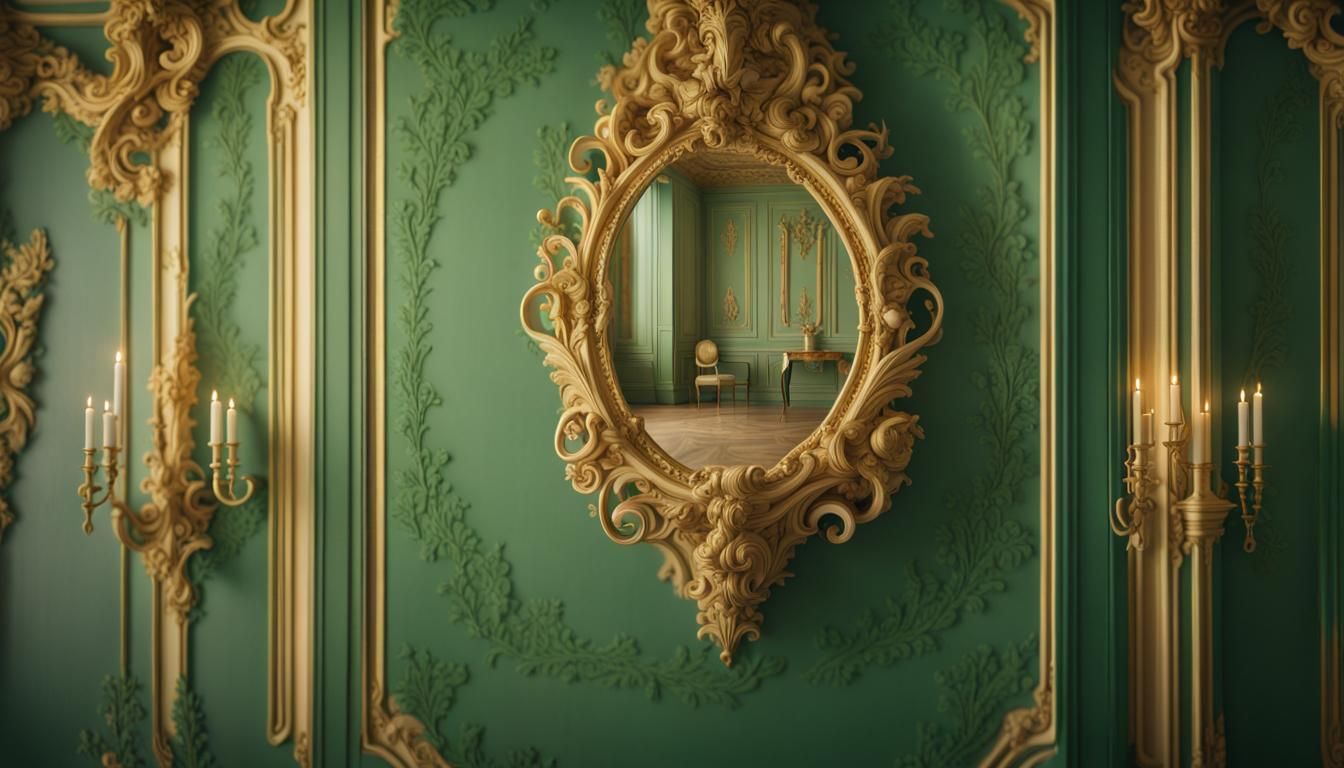 Versailles green wall in rococo style, golden ornaments, Pro...