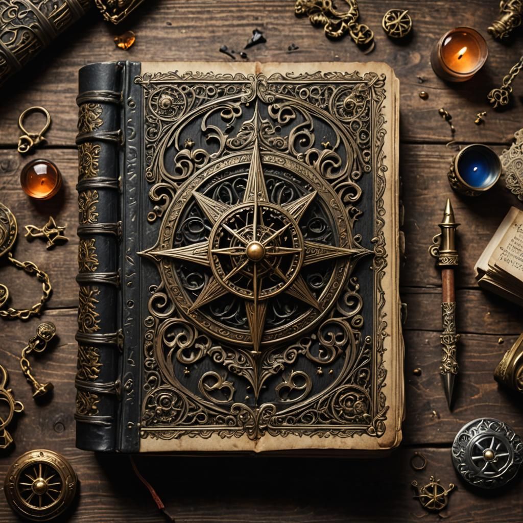 intricate book on table 
