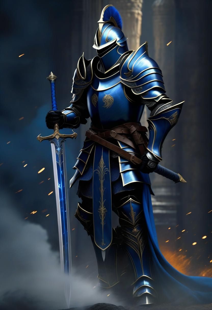 Full armor Knight with a black and blue robe whielding a lon...