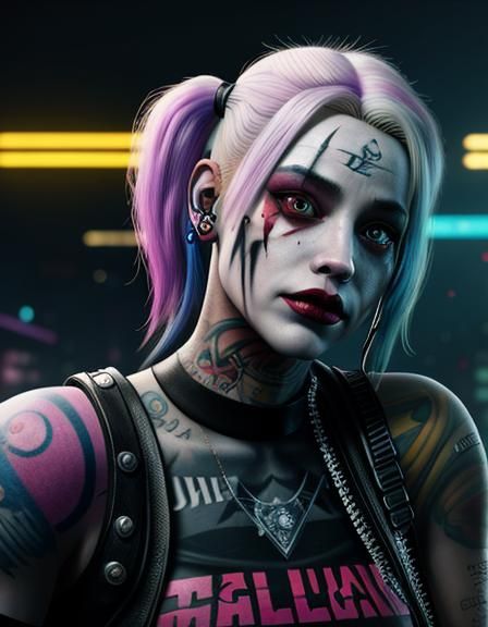 Tattooed Harley Quinn in the game cyberpunk 2077 , fantasy a...