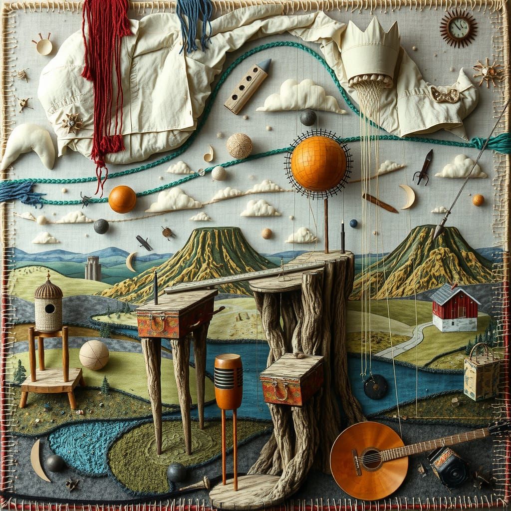 Woven Tapestry Surrealism,  fragmented landscape, interconnected components, suspended, dreamlike state ...  by @Kantarion