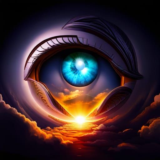 Glass marble eye in sky peaking through clouds,crystal emerald eye ...