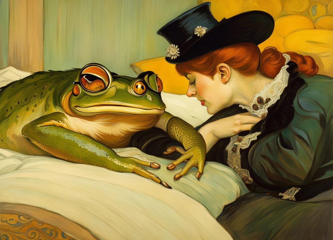 a woman and a frog toad embraced in bed in a faithful reprod...