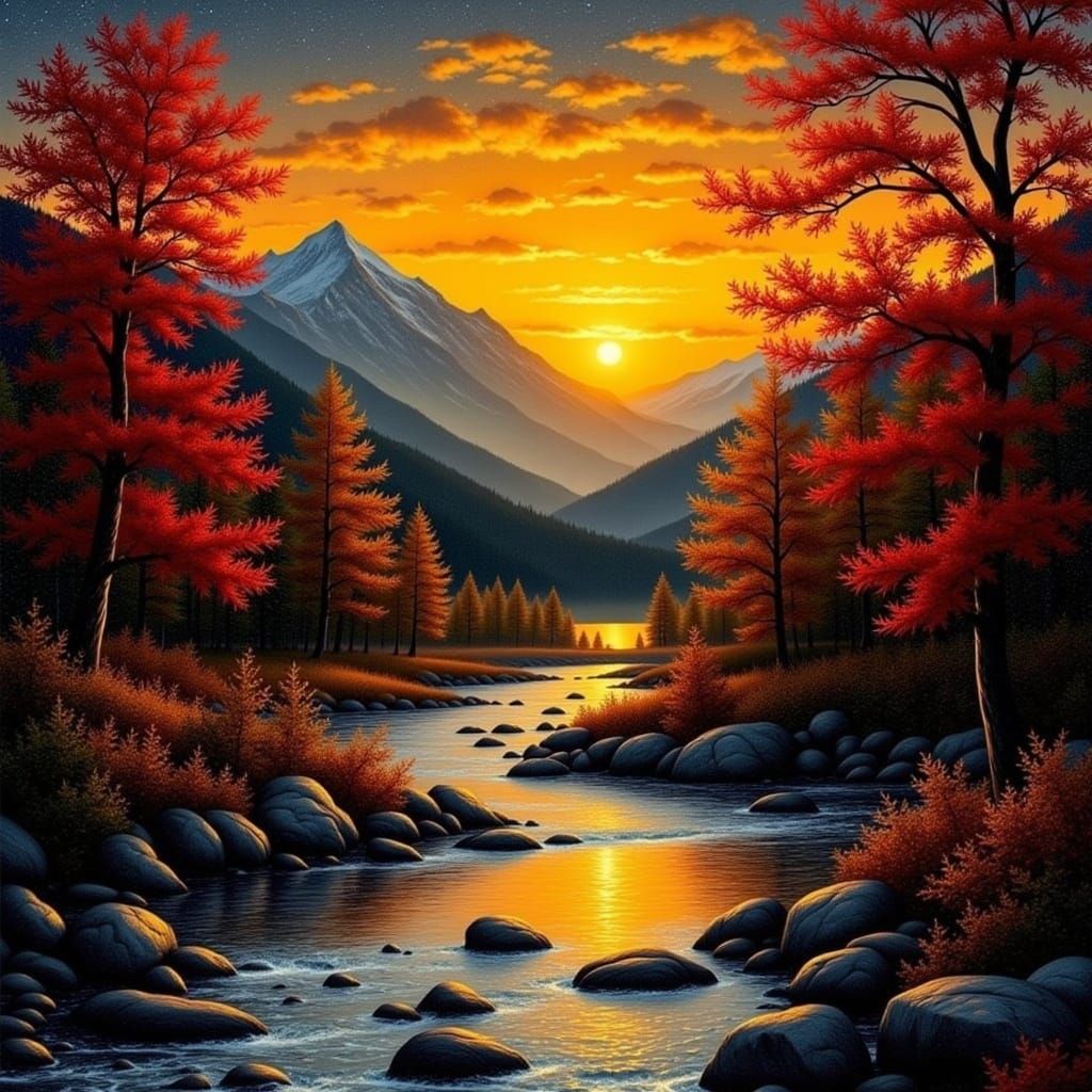 <lora:Autumn Colors:1.0> Maple leaf mountains with rocky stream and autumn trees, inside leaf an autumn landscape, cosmic starry night sky b...