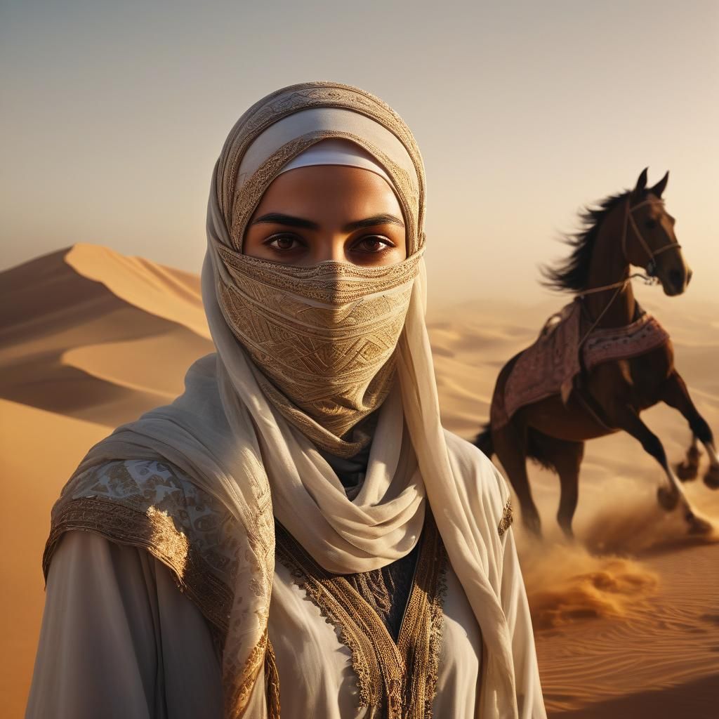 Arabic female rogue (1,3) with a very large cowl (1,6) over her head, wind flowin in her face (1,2), fabrics flowing around her head. 