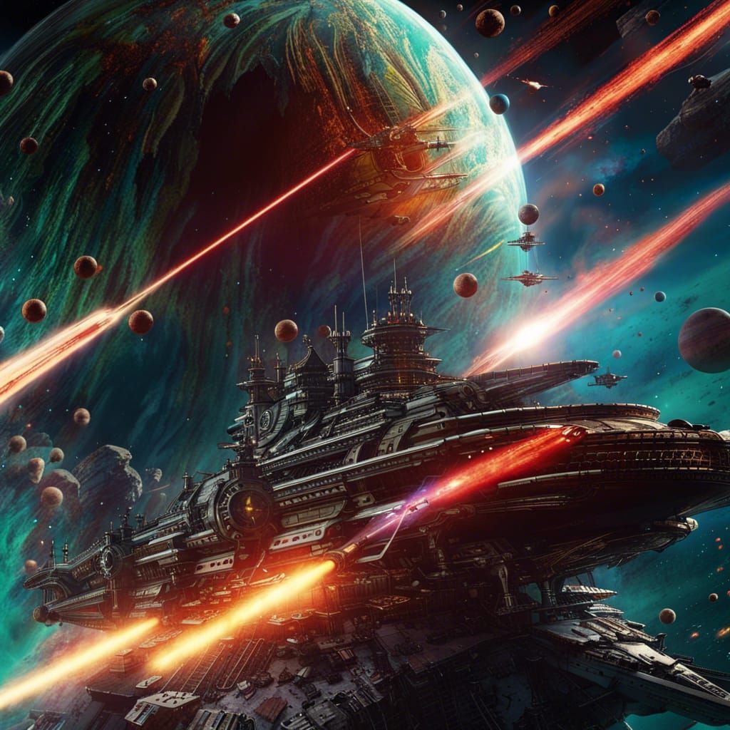 Spaceship Yamato with its huge laser cannon fires on Space Pirate Captain Harlock while passing through the ...  by @KRoseCarol