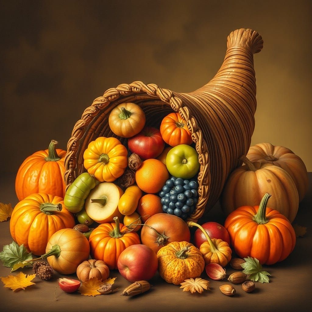 a cornucopia filled with autumn fruits and vegetables  by @paulie