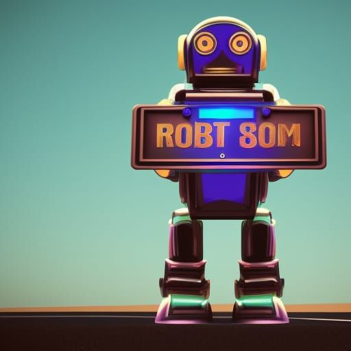 shiny robot holding a street sign