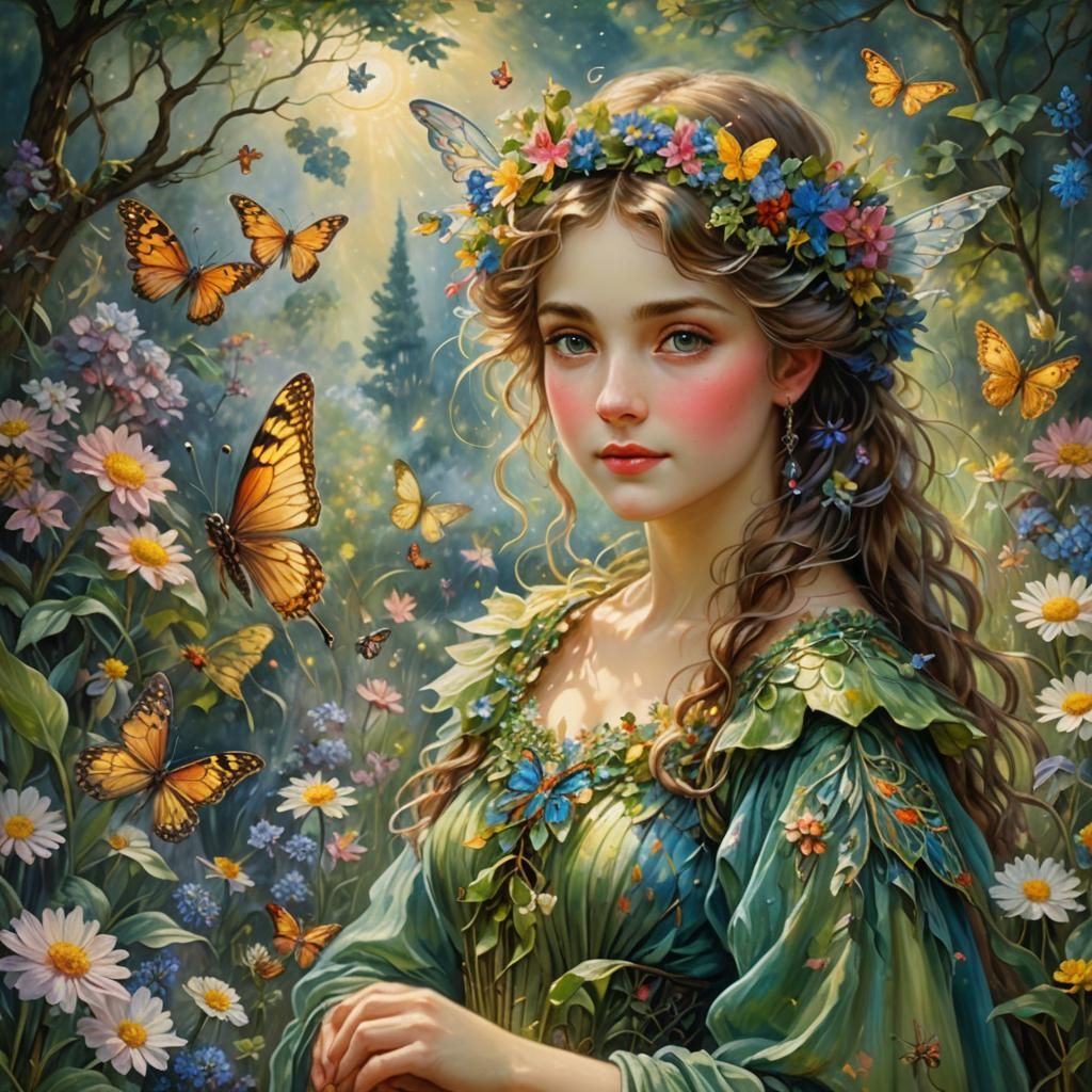 a portrait of a beautiful fairy of the summer garden. by Cla...