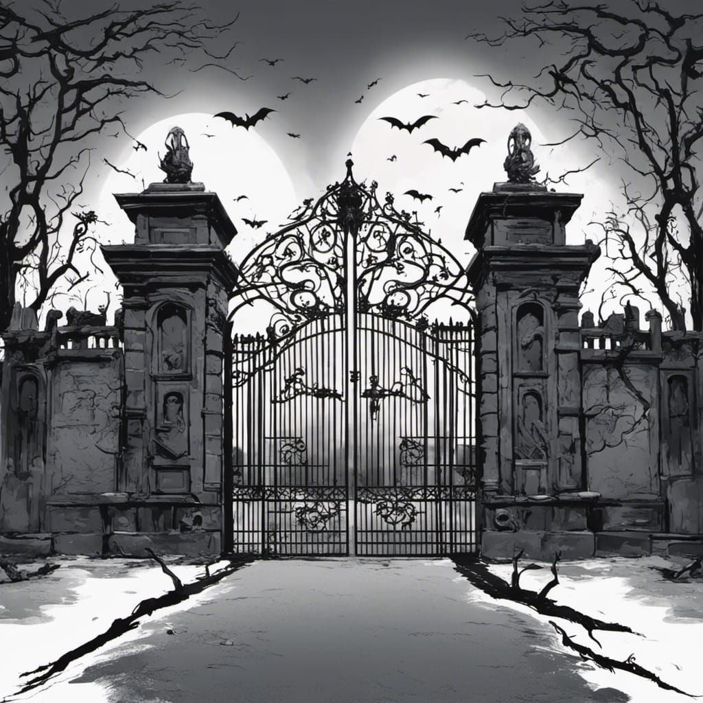 Spooky gates to the entrance of the cemetery - AI Generated Artwork ...