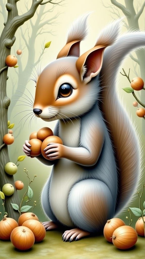 Un écureuil mangeant des noisettes vue de profil <lora:Dream Art:1.0> 