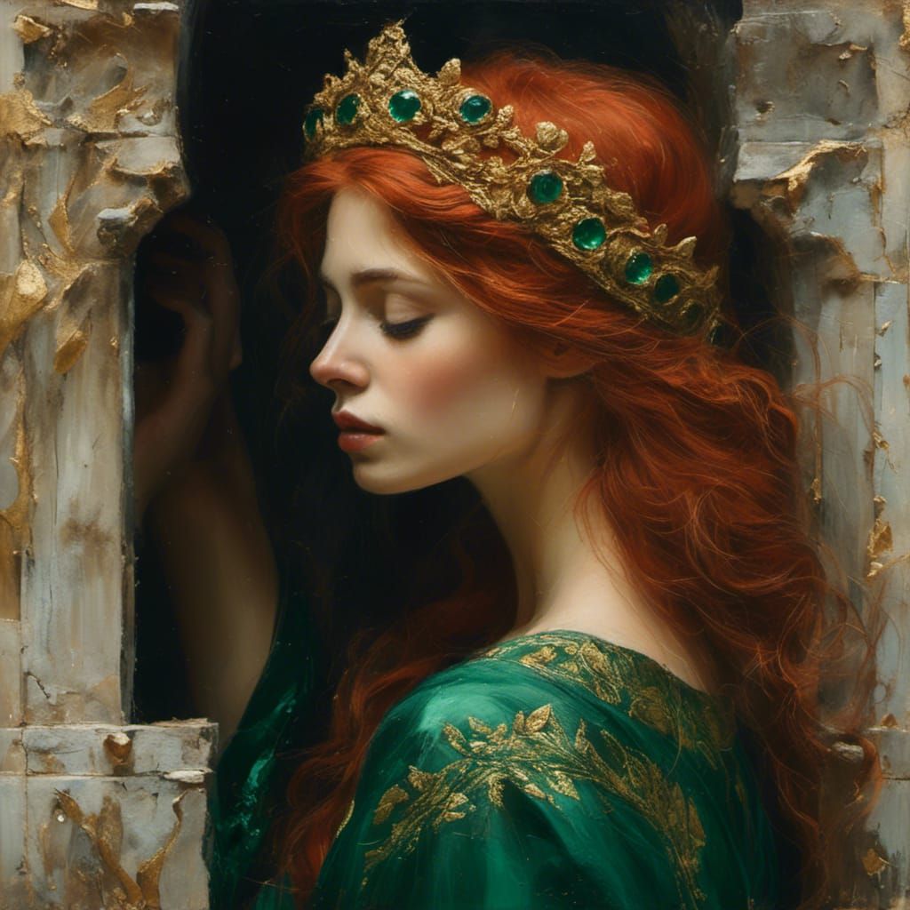 <lora:lightofdawn:1.0>Pre-Raphaelite style, beautiful woman wearing emerald green dress trimmed with ...  by @A Secret McDaniel