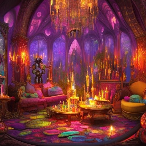 Magical crystal witches living room with lots of colorful crystals and  candles - AI Generated Artwork - NightCafe Creator