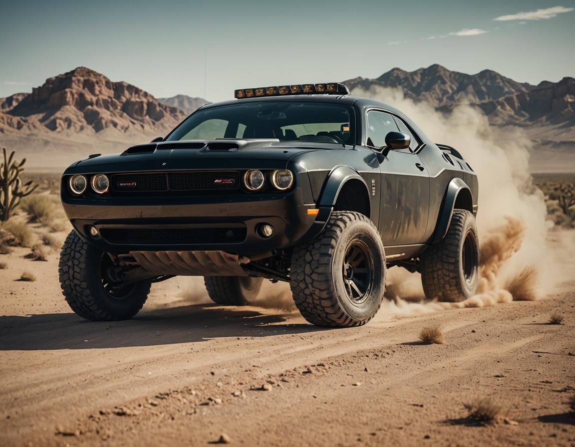 Black armored Dodge Challenger Hellcat, with off-road tires, running in ...