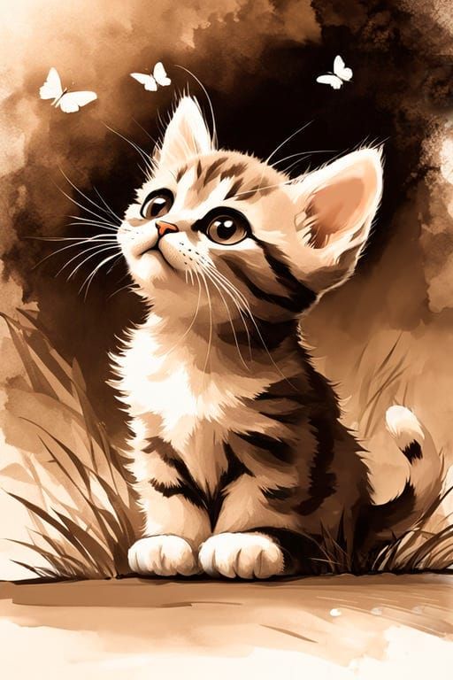 A cute kitten looking at buterflies