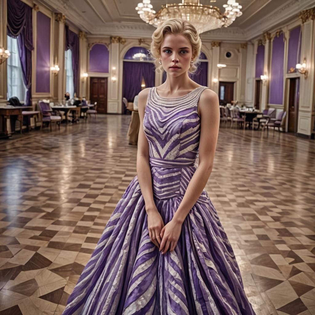 She wears a long sleeveless dress with a scoop neckline that...