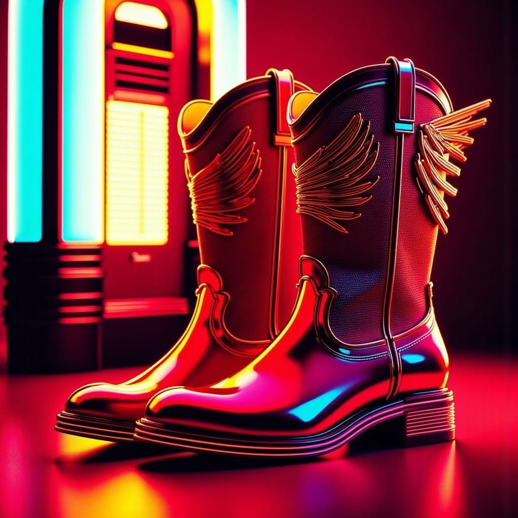 <lora:SynthwaveFluxV1:1.0> A shimmering pair of red leather boots with metallic wings stitched along the sides, sitting next to a flickerin...