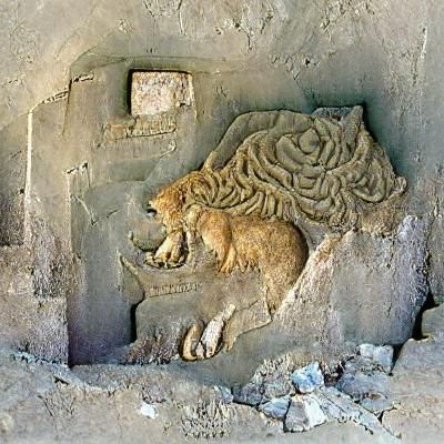 Arcane bas-relief of a lion, found in an ancient Turkish ruin