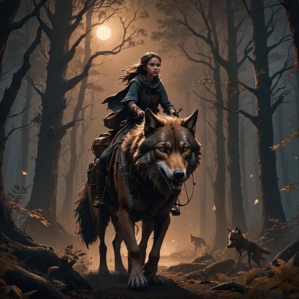 Girl Rides Wolf in Dark Forest: Fantasy Concept Art