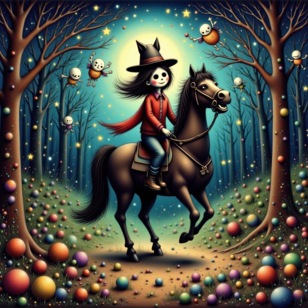 <lora:Storybook Halloween:1.0> Playful headless horseman delivering candy through the woods