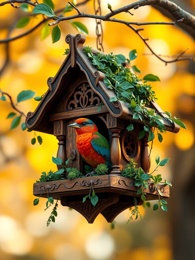 A classic wooden birdhouse hanging from a budding branch. A beautiful bird peeking out from inside.  by @Ima