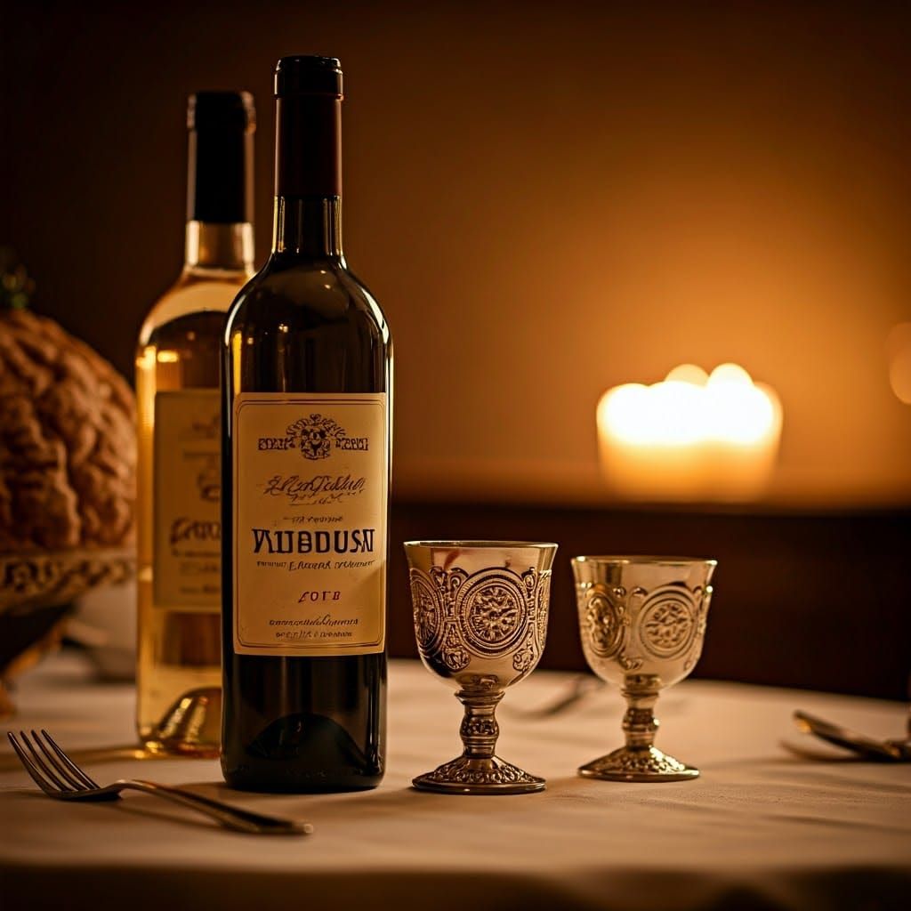 Traditional Shabbat Table Setup with Kiddush Wine and Kosher...