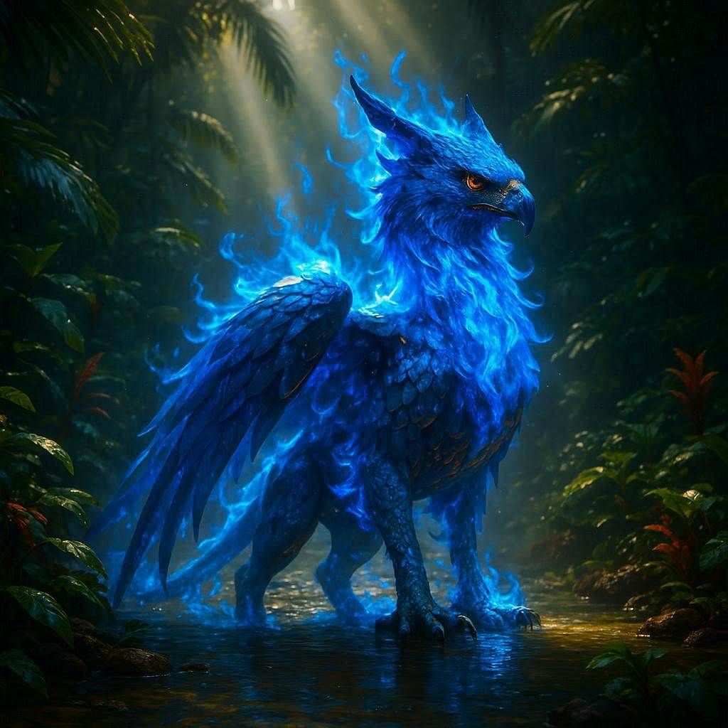 A majestic blue fire griffin