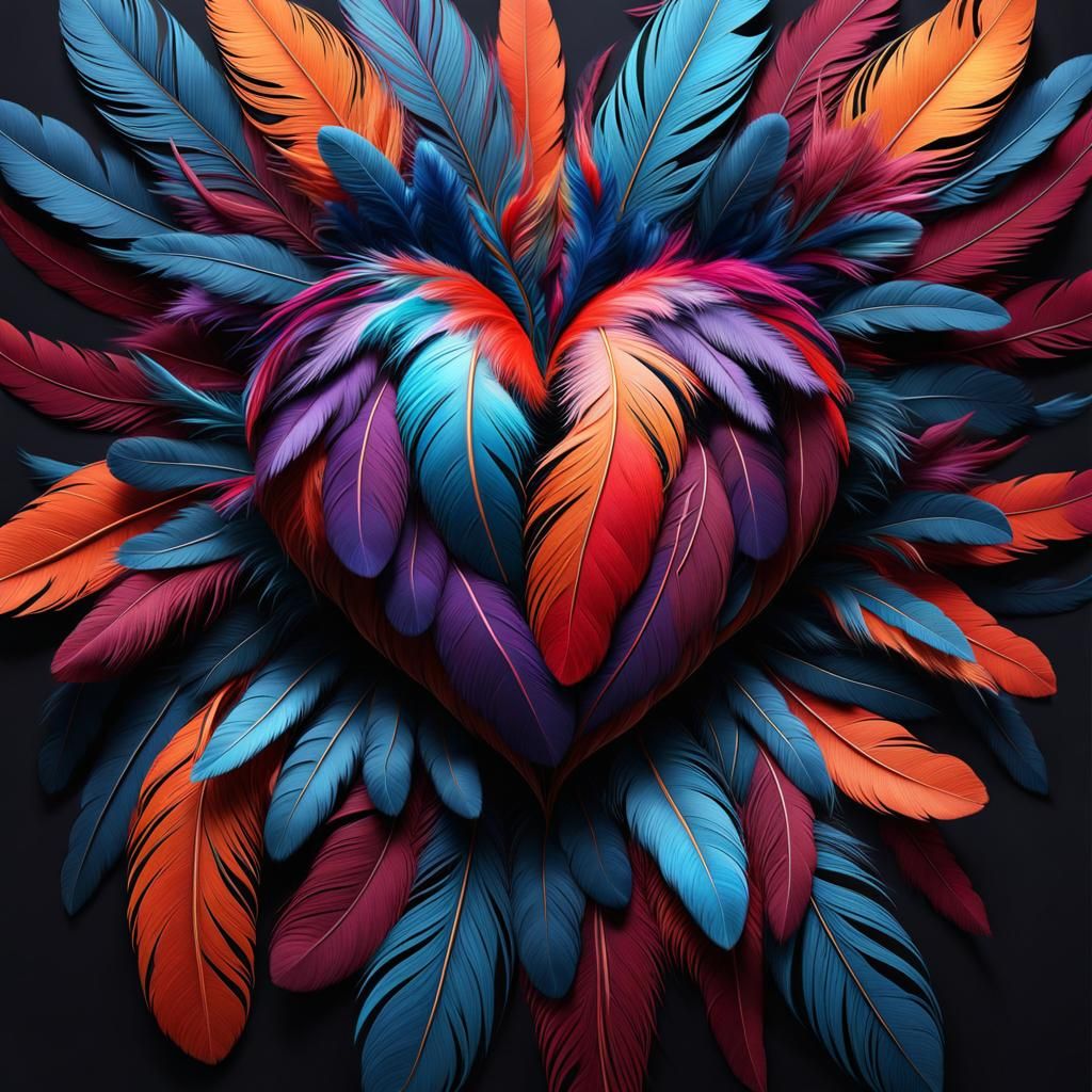 Abstract heart painting made of feathers, detailed matte pai...