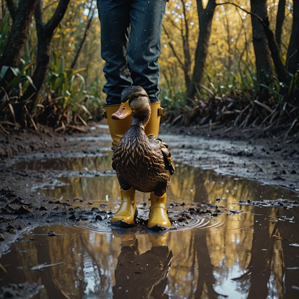 hyperrealistic movie still image of a duck wearing rubber boots
