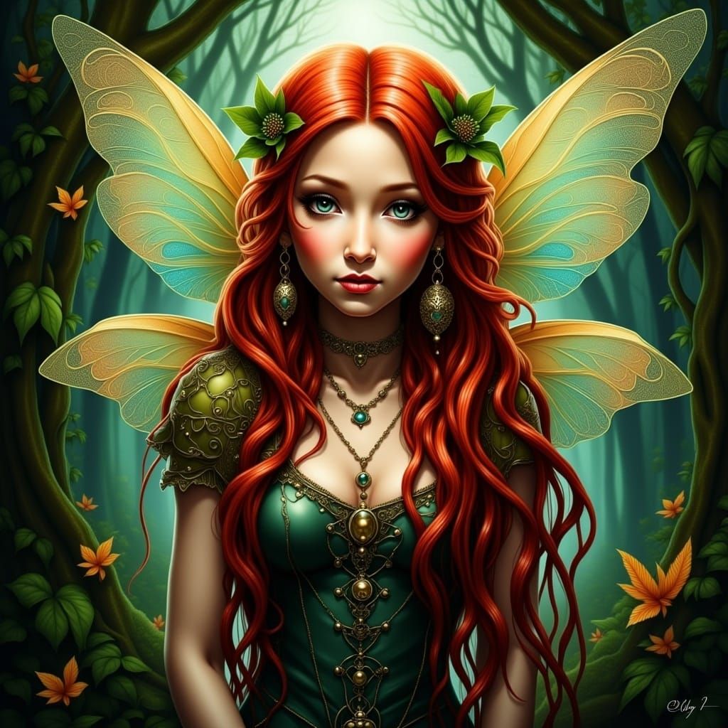 <lora:MrsH Enchanted:1.0> Q beautiful female punky pixie faerie: full body pose, amazing iridescent tattered filigree wings: mischievous and...