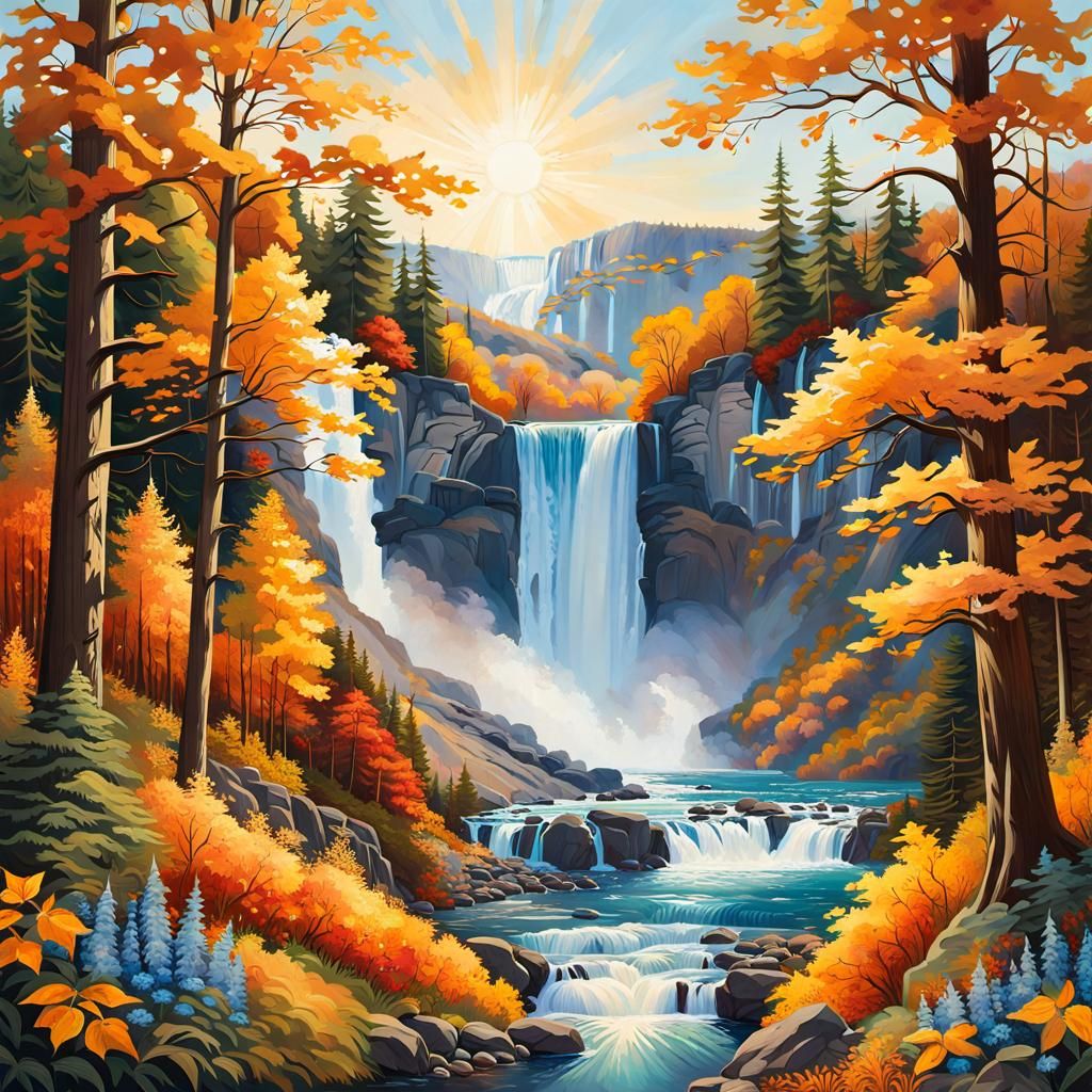 The Epic Waterfall. Autumn Landscape