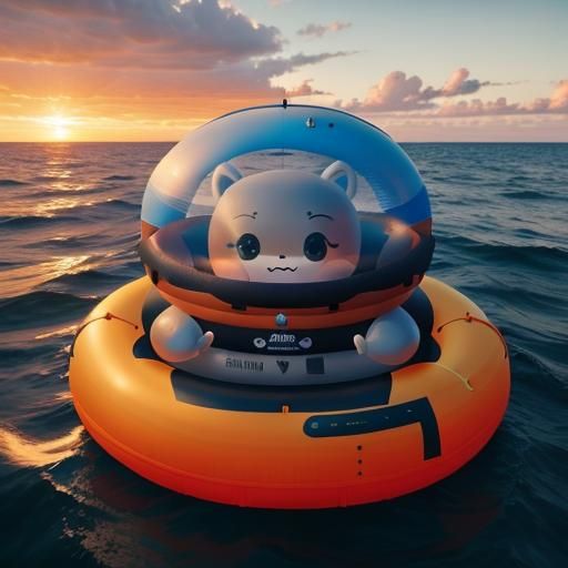 Cute gray aliens are sitting inside an inflatable life boat....