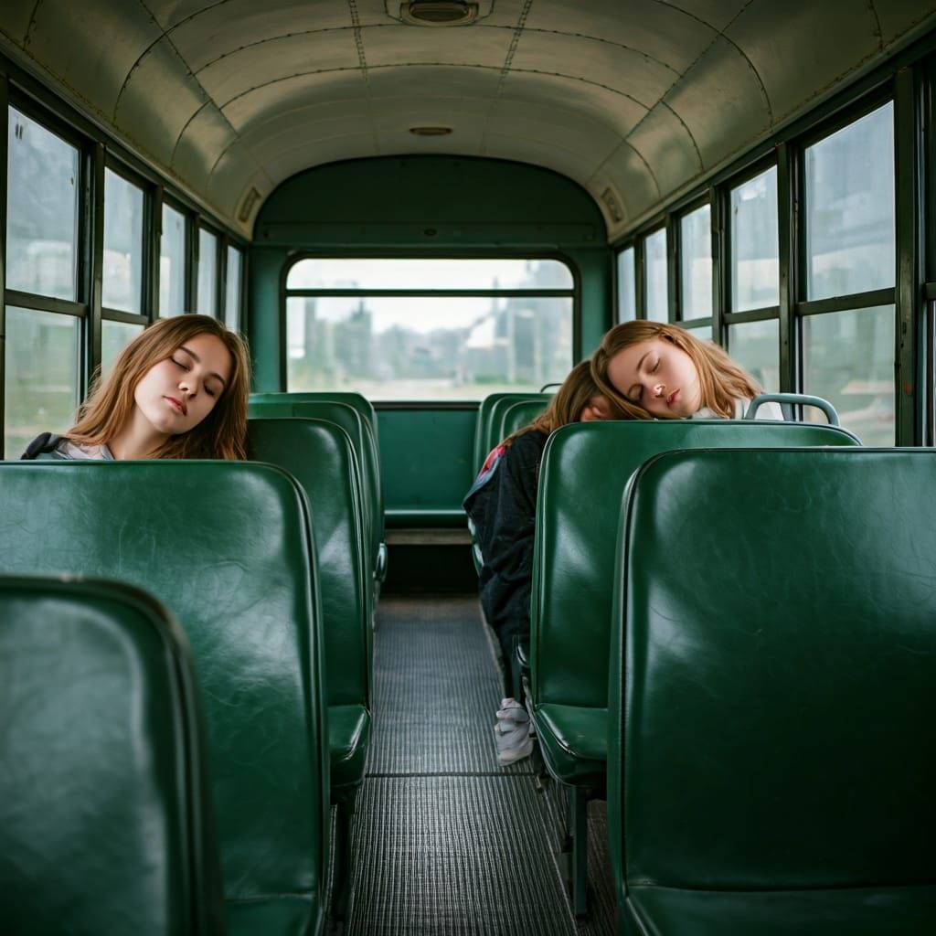 Hyperrealistic School Bus Interior with Sleeping Girls