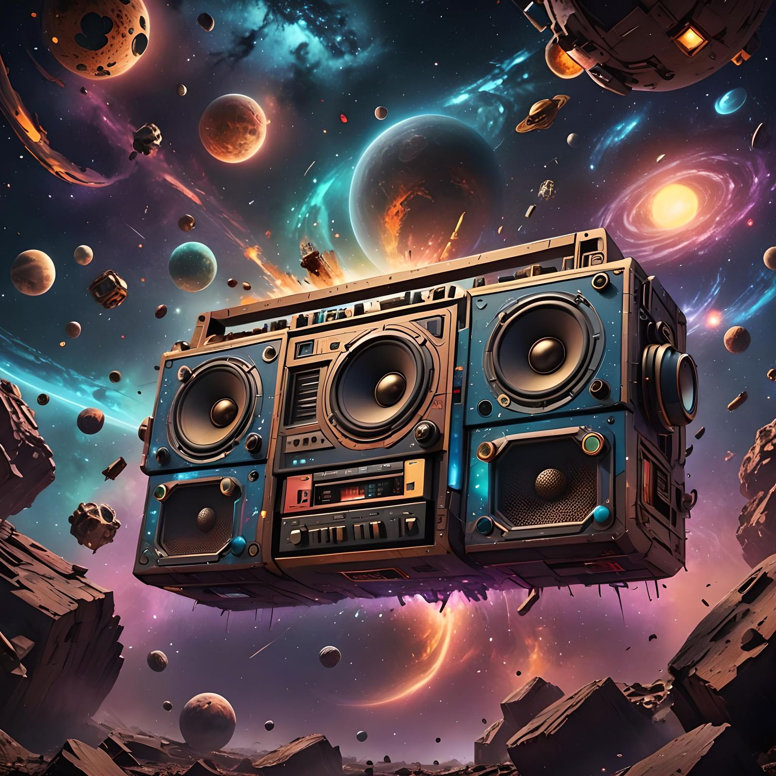 Boombox speakers in space galaxy  by @Mici Gold