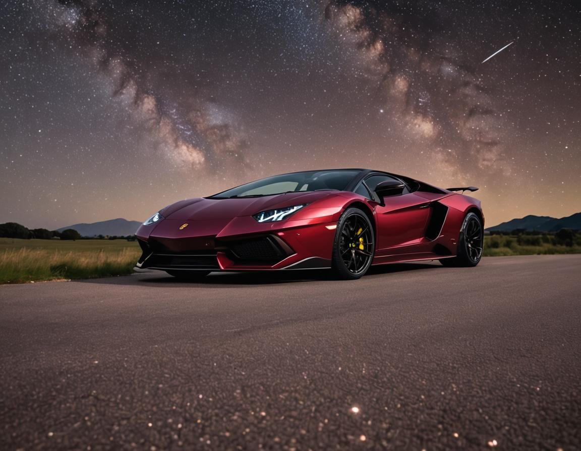 a magnificent lamborghin burgundy car with a starry backgrou...