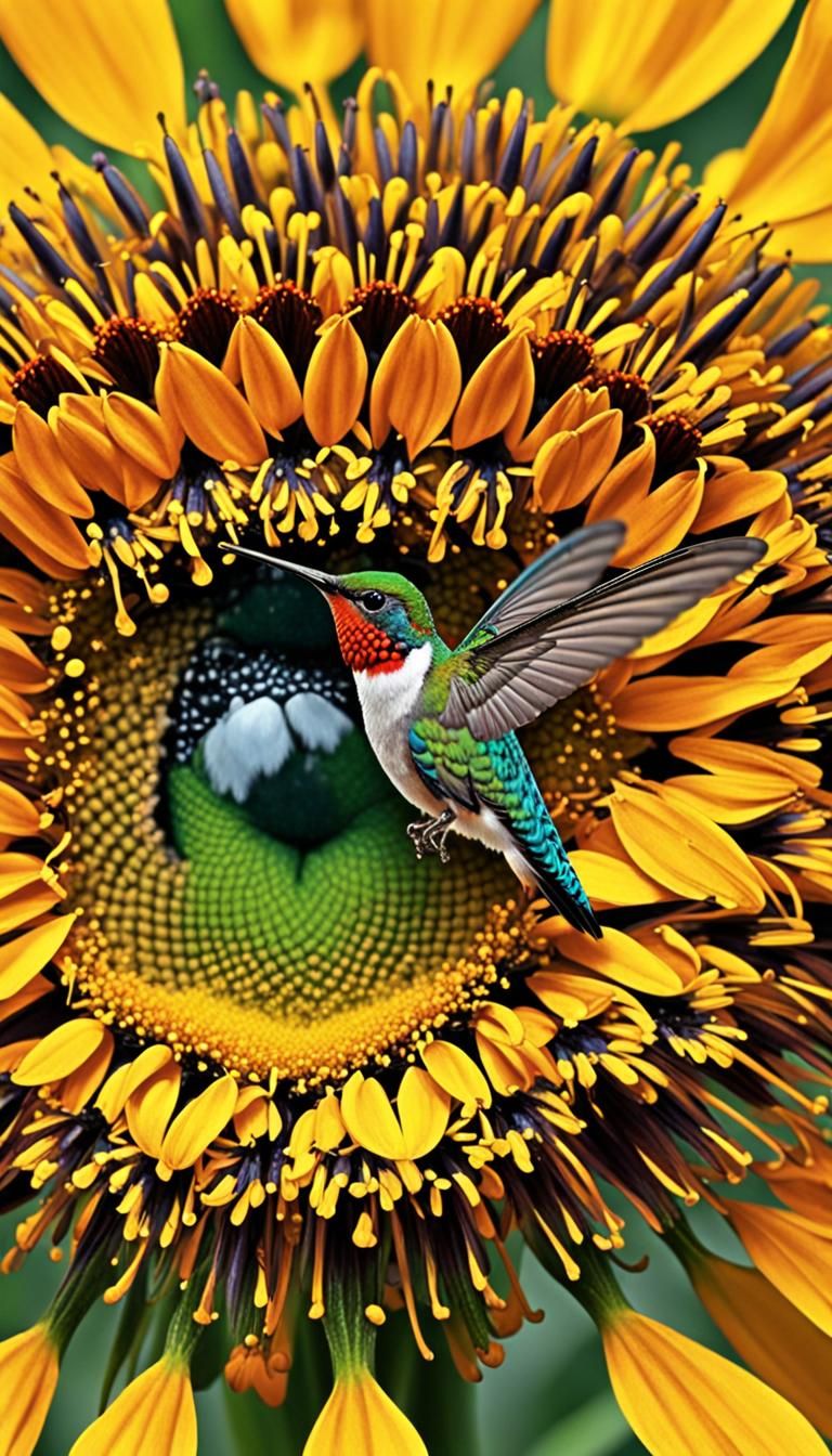 based on @Tamohara fun bug prompt and my pic of a sunflower with Creative Upscale 

WHEN i LOOK AT A BUG and butterfly and hummingbird IN A MOOD TO sip flower nector, they LOOK BACK AT ME WITH 96 TEARS IN IT'S 96 EYES